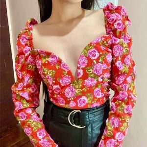 Zara red & pink floral Long sleeve blouse size Small NWT #121